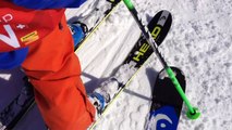 Sports-TV-Anchorman Guido Heubers 4-year old son skiing in Aksel Lund Svindals original bib