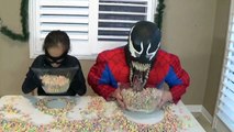 VENOM vs CATWOMAN vs SPIDERMAN Fruit Loops Breakfast Cereal Challenge Superhero Kids in Real Life
