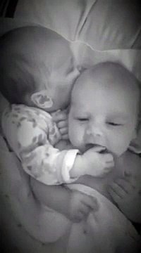 Un bébé suce le pouce de son frère jumeau pour se calmer et s'endormir. Adorable
