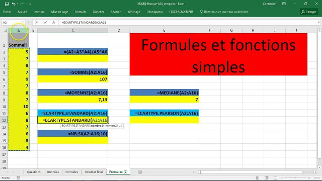 Excel 2016 [FR] Formules - ECARTYPE écart type d'échantillon et de population (exemple vidéo)