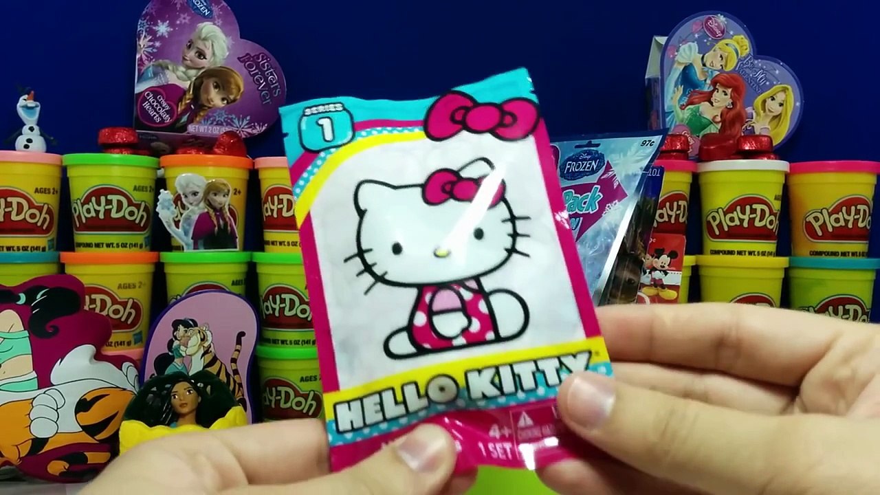HELLO KITTY GIANT Surprise Eggs Play Doh - Disney Frozen Pez Toys Jasmine Little Snoopy Valentine