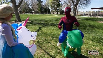 Elsa and Spiderman vs Bane - Elsa turns to Unicorn, Spiderman turns to T-Rex - In Real Life!