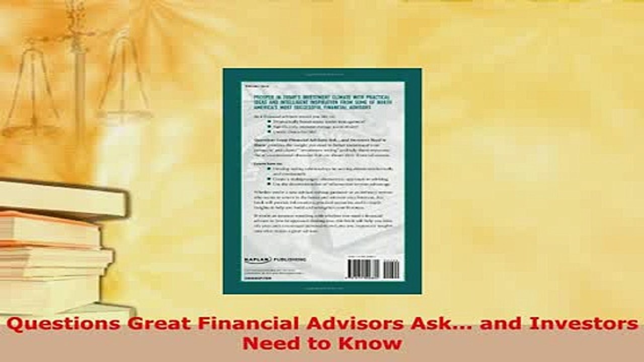 PDF  Questions Great Financial Advisors Ask and Investors Need to Know Read Full Ebook