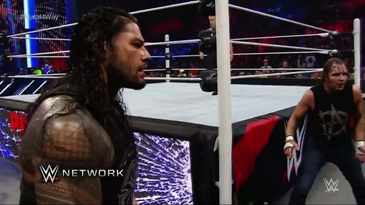 WWE Network  Rollins, Reigns and Ambrose Triple Power Bomb Randy Orton through the announce table