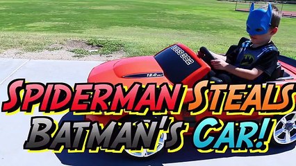 Spiderman Steals Batman Power Wheels Car Toy Review of the Boss 302 Mustang