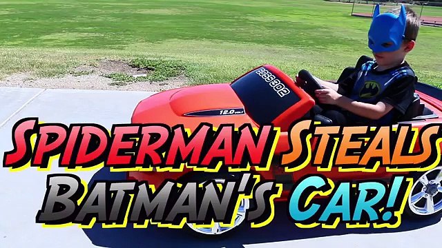 Spiderman Steals Batman Power Wheels Car Toy Review of the Boss 302 Mustang