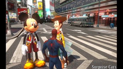 Frozen Elsa Anna with Mickey Mouse & Woody Spiderman play with mcqueen cars ( Action songs