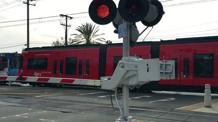 Download Video: Coaster 2102 Train Meets MTS Trolley Light Rail Trains Old Town, Taylor Street Railroad Cr