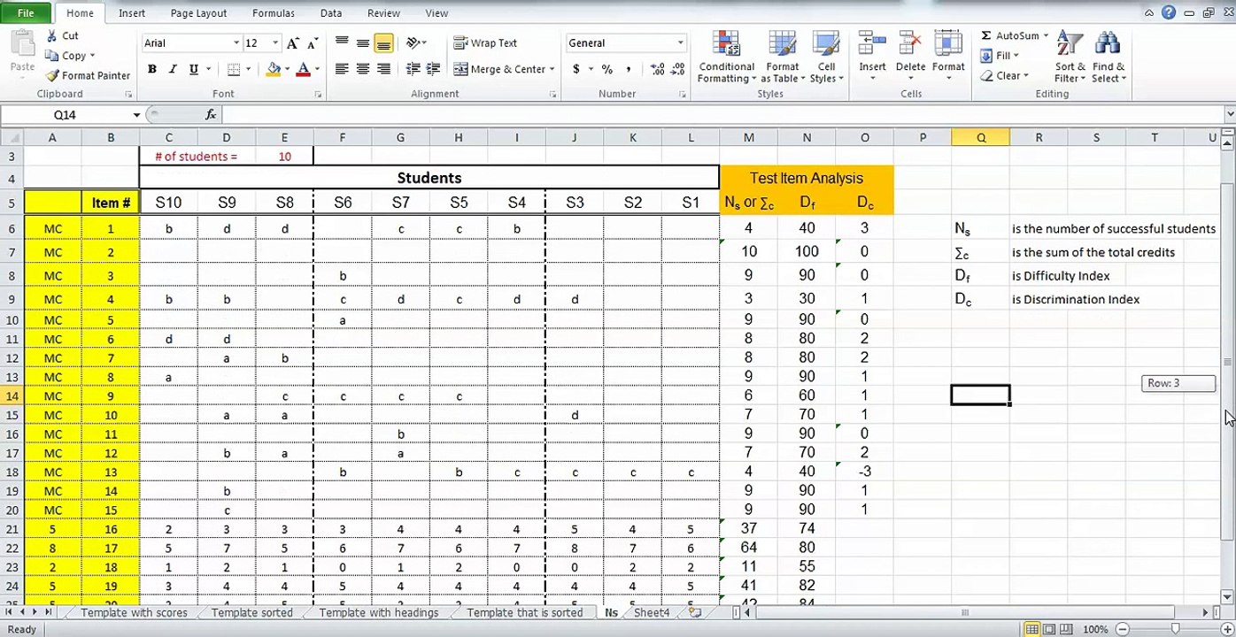 Using Excel - Test Item Analysis, Discrimination Index for PC items