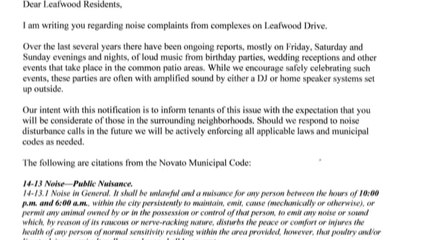 LEAFWOOD DRIVE LETTER JULY 11, 2014 FROM LT. OLIVER COLLINS, NOVATO POLICE