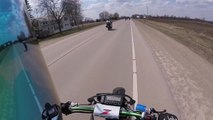 Motorcycle vs. Dog , Biker almost run over by a Truck