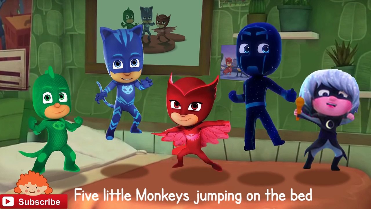 PJ Masks Five little monkeys jumping on the bed UNMASKED Nursery | 5 little monkeys Pj masks song