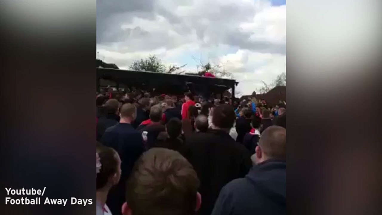 Watch Man United fan fall through roof as attempt to rally fans backfires spectacularly