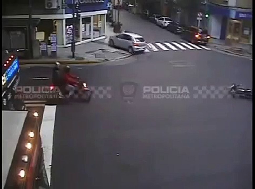 Motard hits car, which hits pedestrian and crashes into mattress store