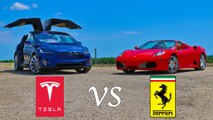 Tesla Model X P90D Ludicrous vs Ferrari F430 Drag Racing and Roll Racing