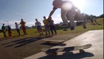 People are Awesome  Kid backflips from one skateboard to another!