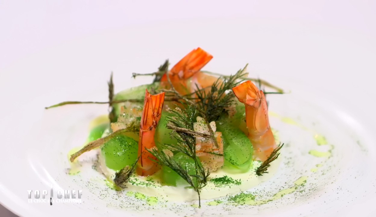 Concombre, gambas, Yogourt citron et croquant d'aneth par Christian le Squer