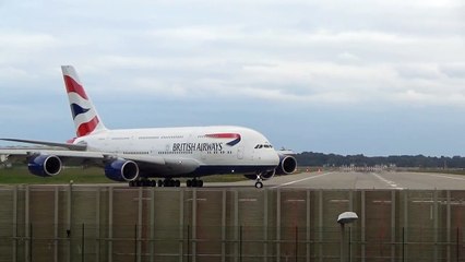 BRITISH AIRWAYS A380 | Crosswind takeoff @ Hamburg Finkenwerder