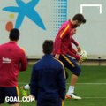 Leo Messi nutmegs Gerard Piqué during FC Barcelona training - and their team-mates are loving it!