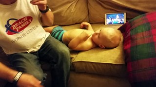 Funny Baby Attacks Daddy For Binky (Nukie) - Pulls At Mouth and Jumps on Top of Dad Until He Gives Up