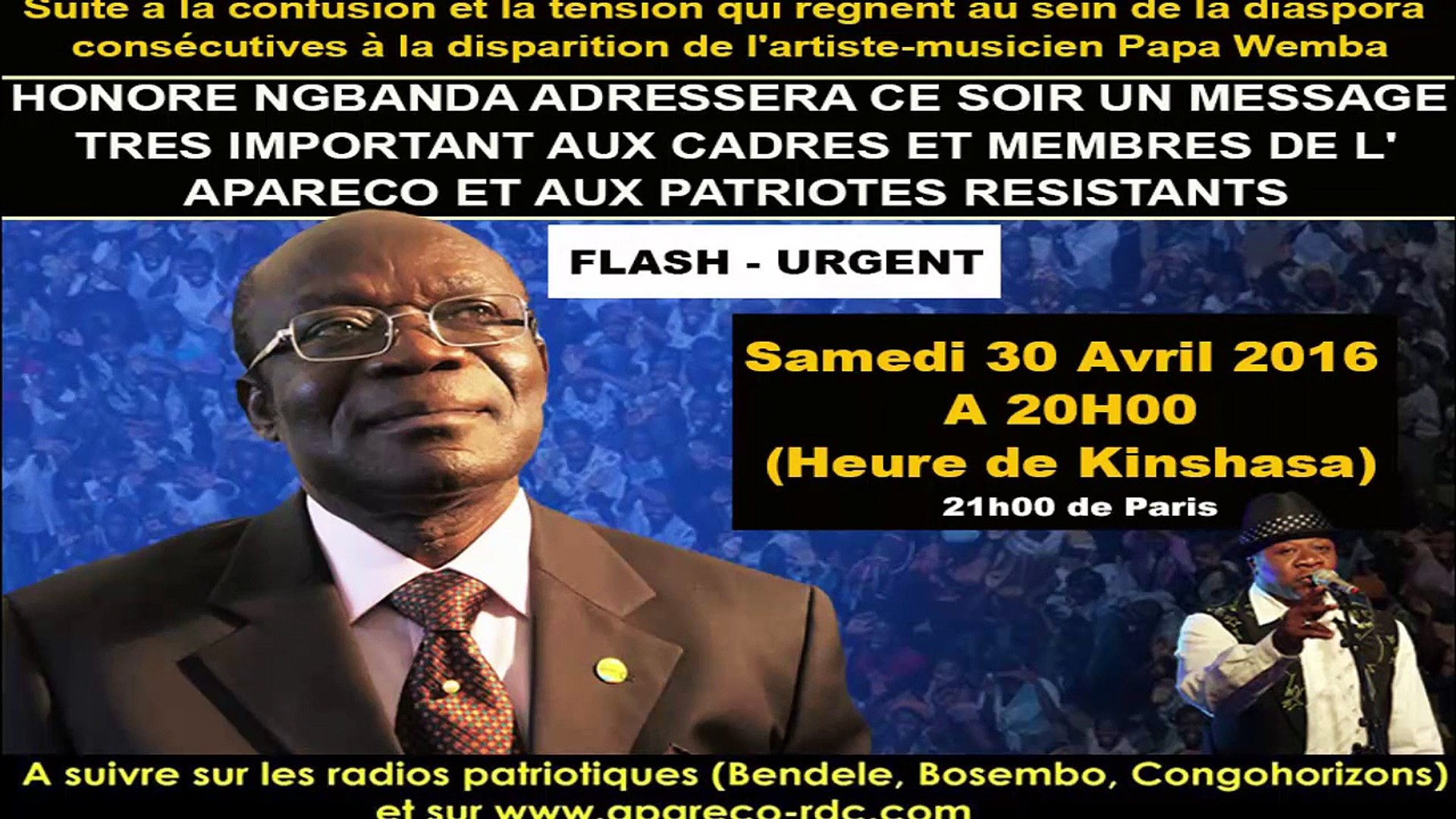 HONORE NGBANDA hausse le ton et recadre les Cadres de l'APARECO sur la Mort de PAPA WEMBA