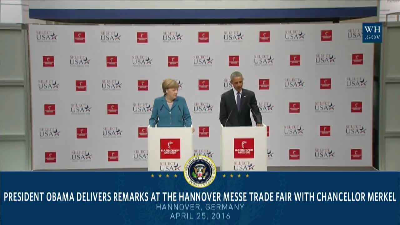 President Obama And Angela Merkel At Hannover Messe Trade Fair