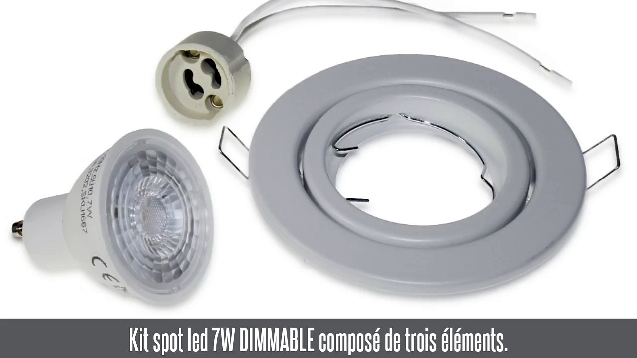 Kit spot led encastrable 7W dimmable, blanc froid, douille GU10, support blanc orientable