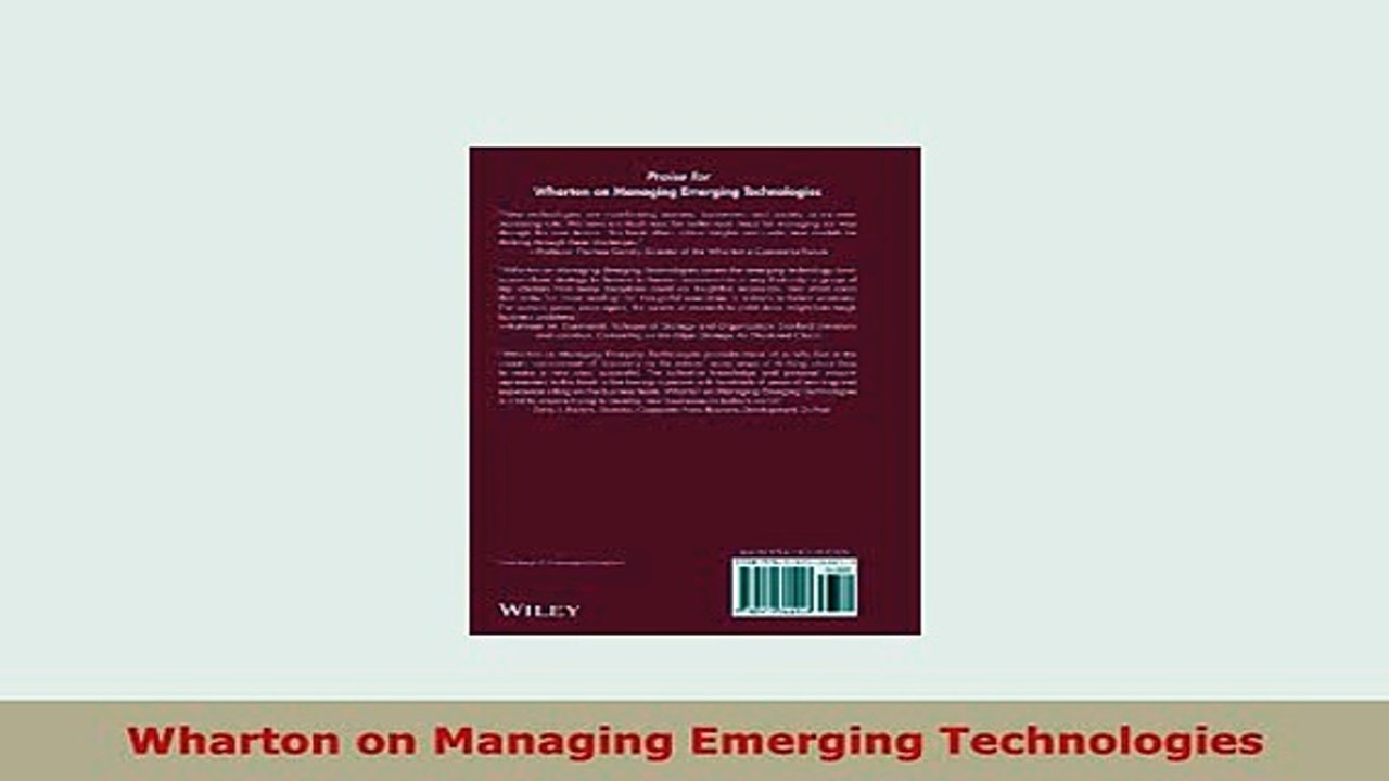 PDF  Wharton on Managing Emerging Technologies Download Online
