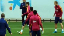 Messi Nutmegs Gerard Pique in Training