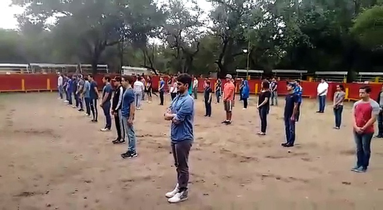 40 étudiants dans une arène avec un taureau