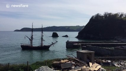 Tallship heads into UK harbour while filming Tom Hardy period drama