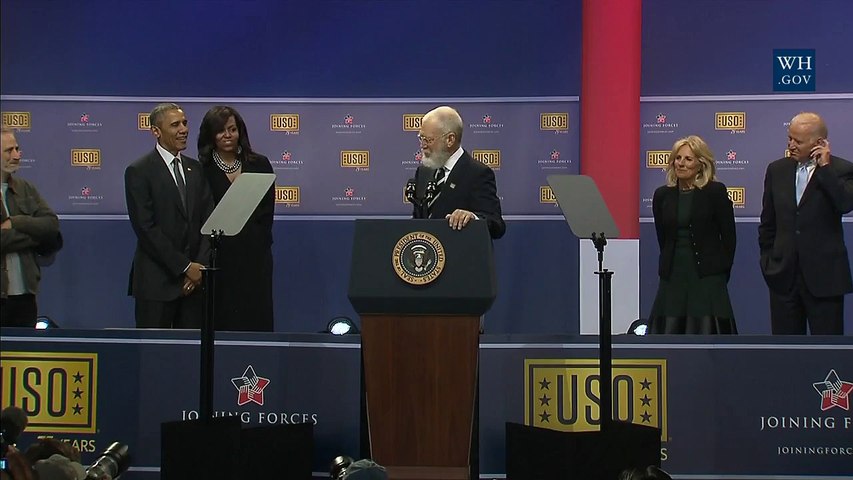 USO Crowd Roars As David Letterman Jokes About an Obama/Biden Presidential Run