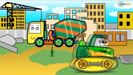 Download Video: Car Cartoons. Bulldozer. Heavy Vehicles - Excavator, Cement Mixer & Truck on the Construction Site