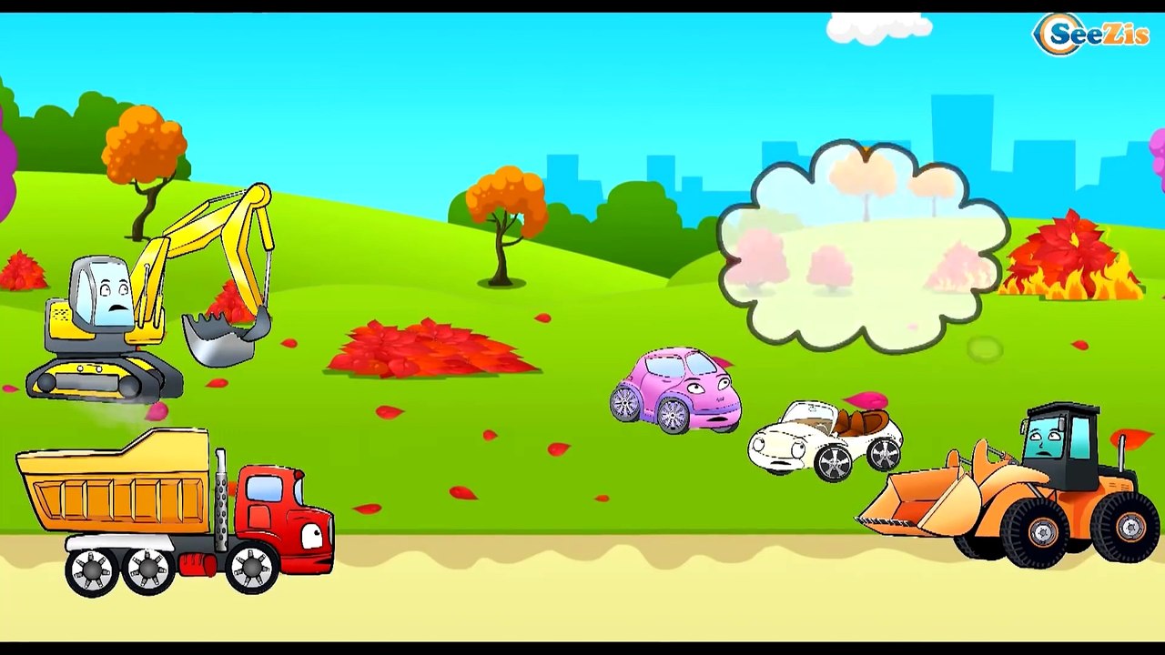 Car Cartoons. Excavator with Truck and Tractor. Heavy Vehicles in the Park. Diggers for children