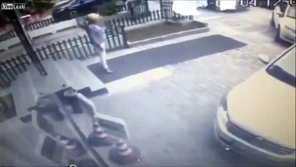 Freak accident caught on CCTV as car pulls carpet out from under shocked woman