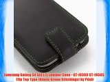 Samsung Galaxy S4 SIV LTE Leather Case - GT-i9500 GT-i9505 - Flip Top Type (Black/Green Stitchings)
