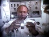 Apollo 11 Lunar Module pilot Buzz Aldrin demonstrates gyroscopic motion with canned ham spread