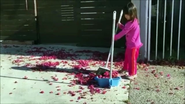 Un gamin aide sa soeur à ramasser les feuilles... Enfin il essaie.. FAIL