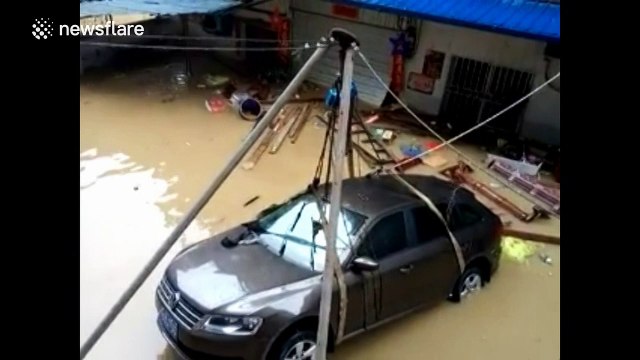 Car owner creates pulley system to hoist his car just above floodwater