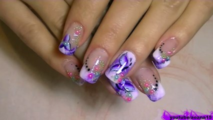 Ombre white and purple  Nail Art  Tutorial! flower,butterfly and pretty pearls
