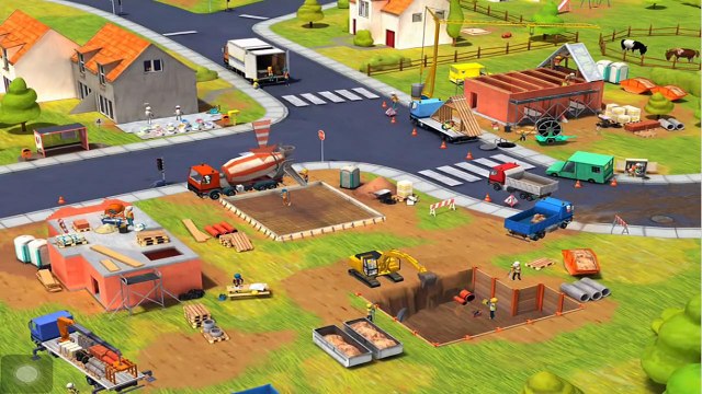 Hoạt hình XÂY DỰNG nhà cửa, xe cẩu, máy múc làm việc cùng nhau