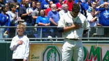 ATL@KC- Kids stand on the field for the anthem