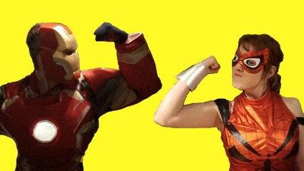 Iron Man vs Spidergirl In Real Life! Superhero Arm Wrestling Fight! (1080p)