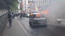 A car burned by protesters