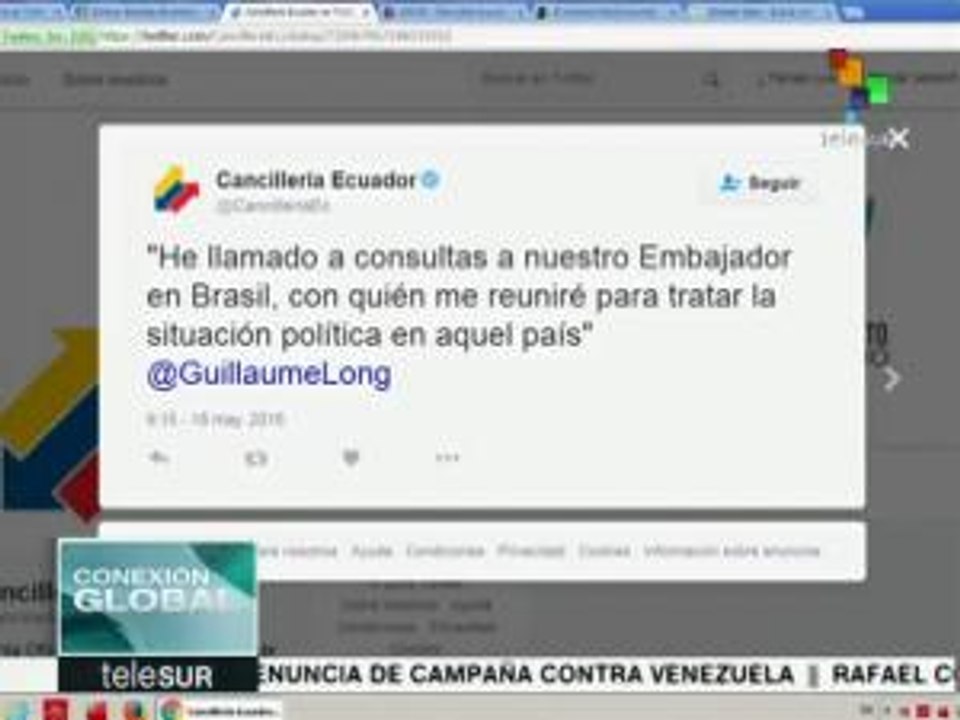 Ecuador llama a consultas a su embajador en Brasil
