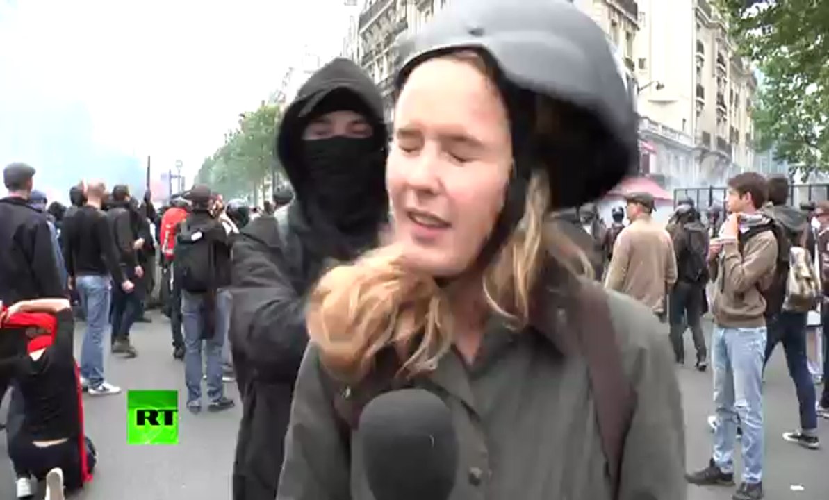 France anti-labor protester wacks RT reporter upside head during as live - YouTube