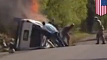 Man pulled from a burning car just in time by Anchorage cops and locals