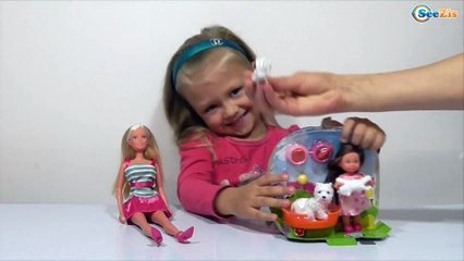 Doll Steffi with Yaroslava unboxing new doll Evi with pets - dogs. Video for kids. Dolls for babies