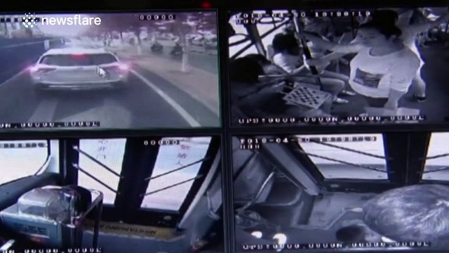 Passengers fall down after bus suddenly brakes to avoid crash