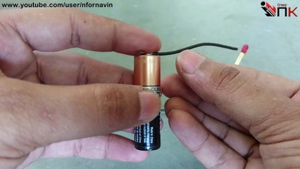 Match fire tricks using battery and magnifying glass